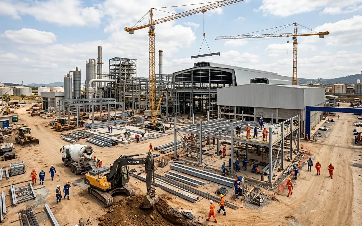 Montagem de estrutura metálica em obra de planta industrial