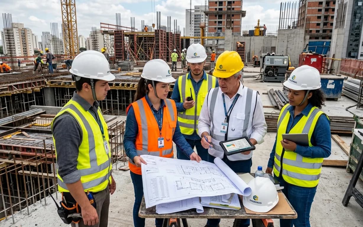 Equipe de engenharia planejando a obra com projeto impresso e tablet