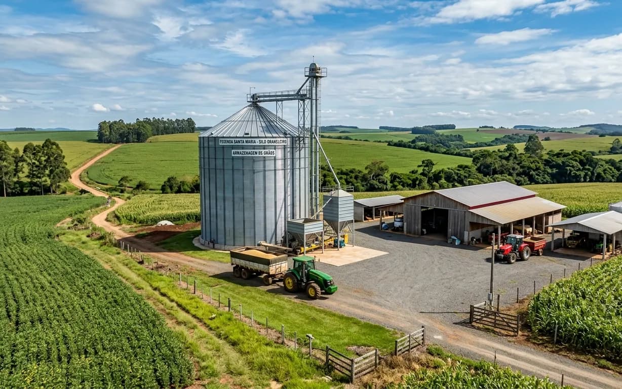 Silo metálico de armazenagem de grãos em propriedade rural