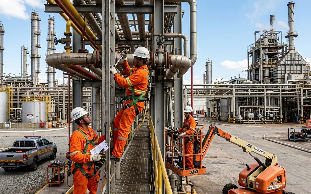 Trabalhadores com equipamento de proteção em tubulações de uma planta industrial