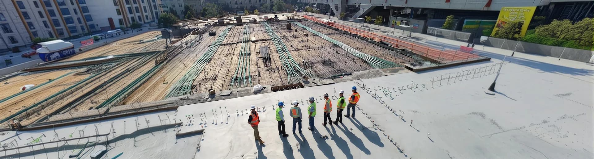 Canteiro de obra acompanhado pela Multione Vista aérea de canteiro de obra: equipe de sete profissionais com capacete e colete refletivo caminha sobre a laje concretada, ao lado da armação de aço e dos cabos da laje seguinte.