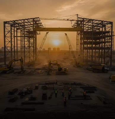 Estrutura metálica de galpão industrial em construção ao pôr do sol