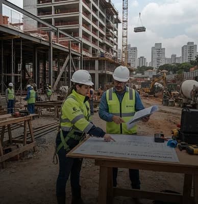 Engenheiros analisando o projeto em um canteiro de obras