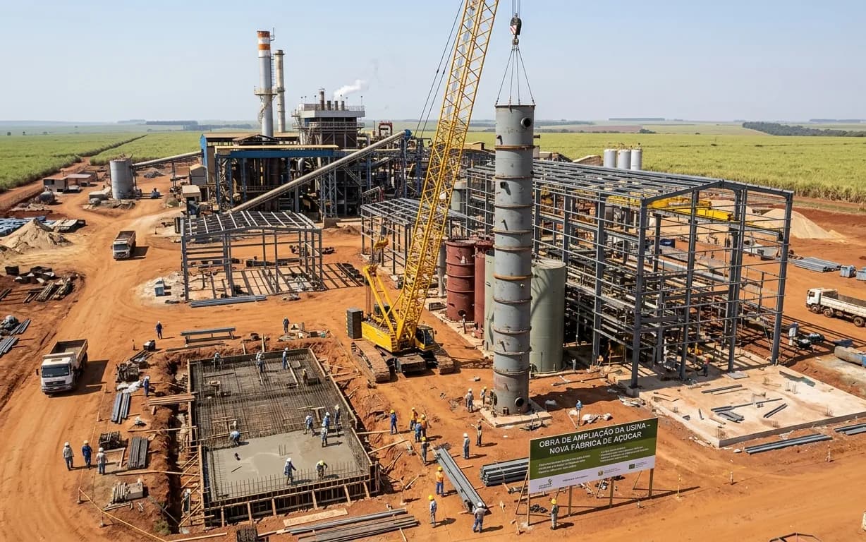 Planta industrial em construção com estruturas metálicas e guindaste