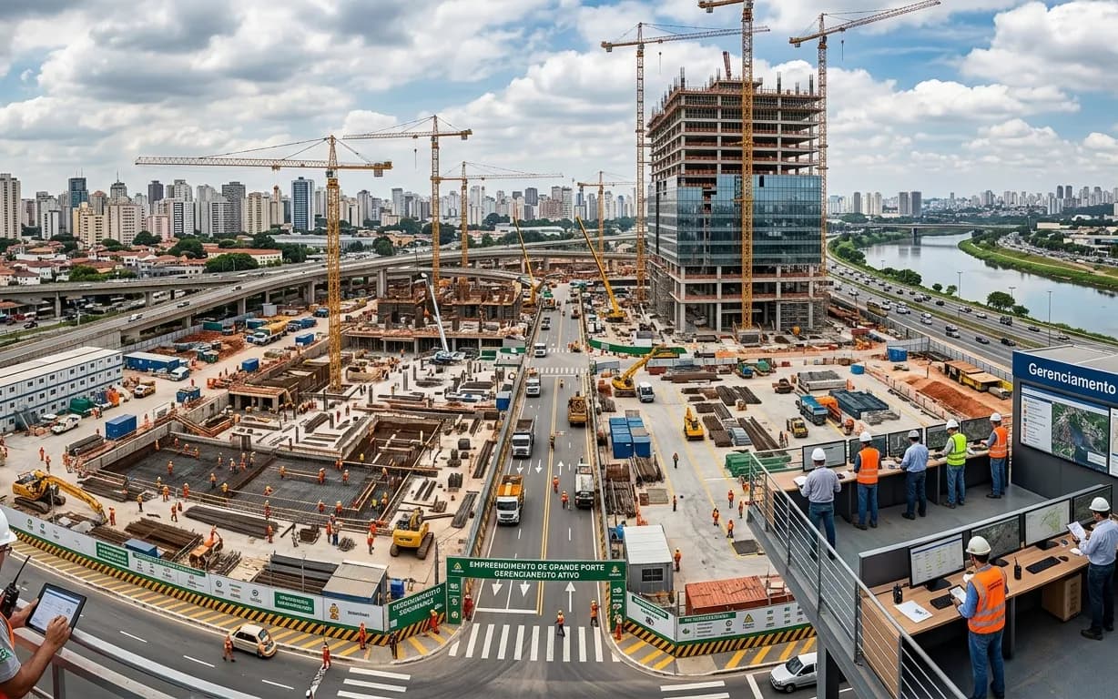 Canteiro de obra de grande porte com gruas e equipe de gerenciamento