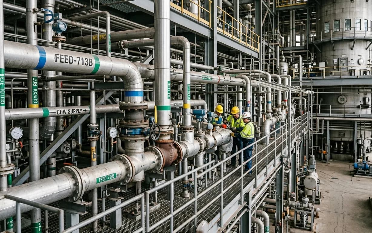 Técnicos inspecionando tubulações industriais em uma passarela metálica