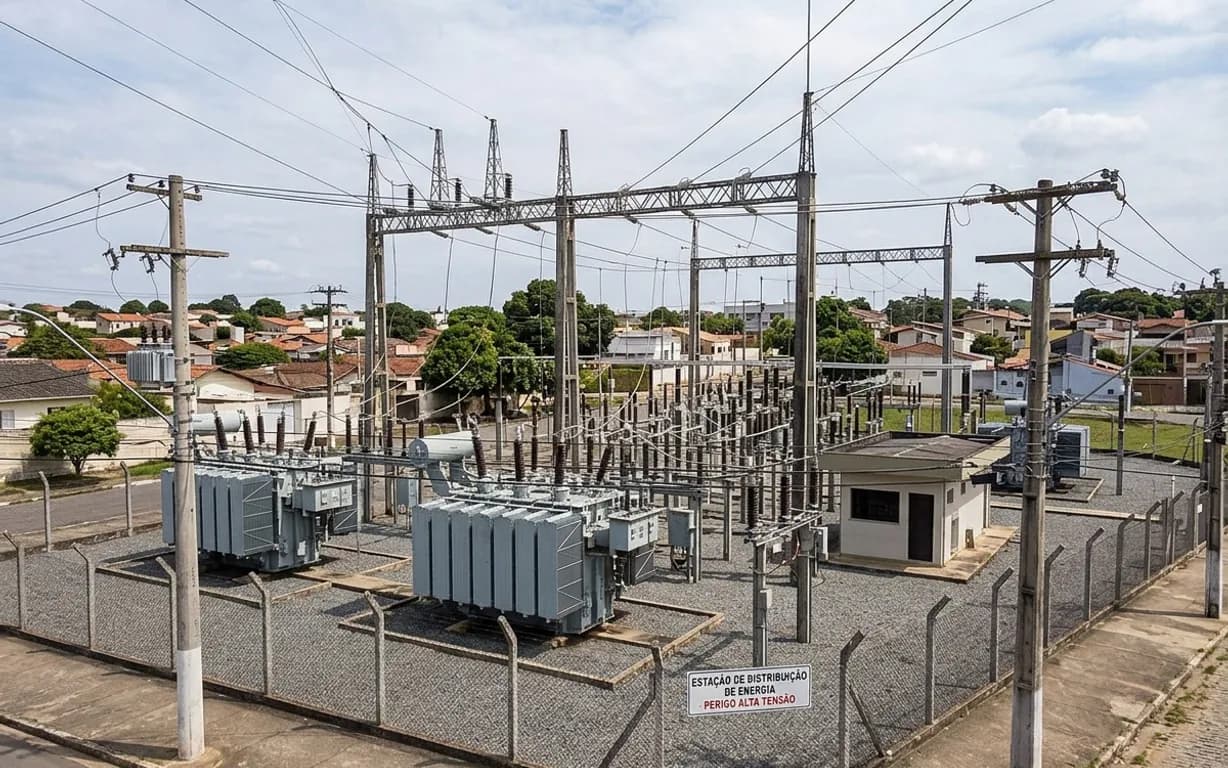 Comissionamento de subestação Subestação de distribuição de energia com transformadores