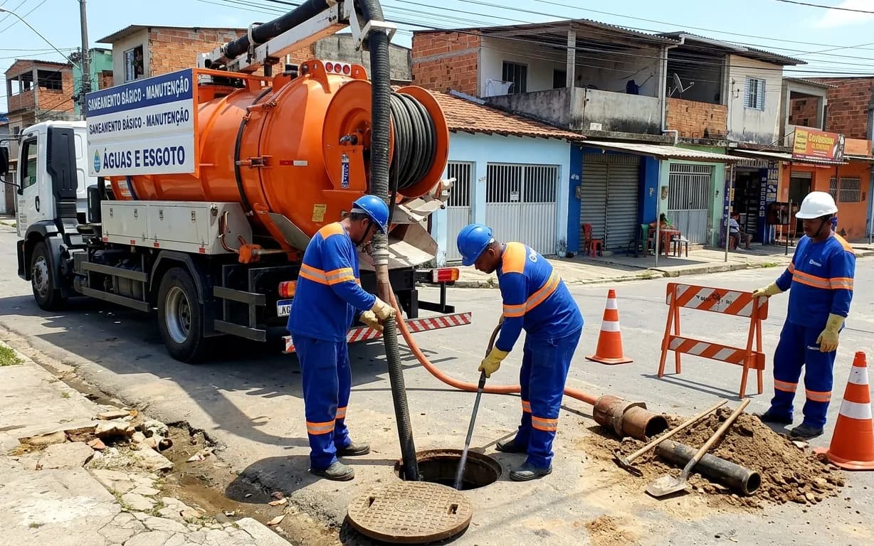 Equipe com caminhão de hidrojato em obra de água e esgoto