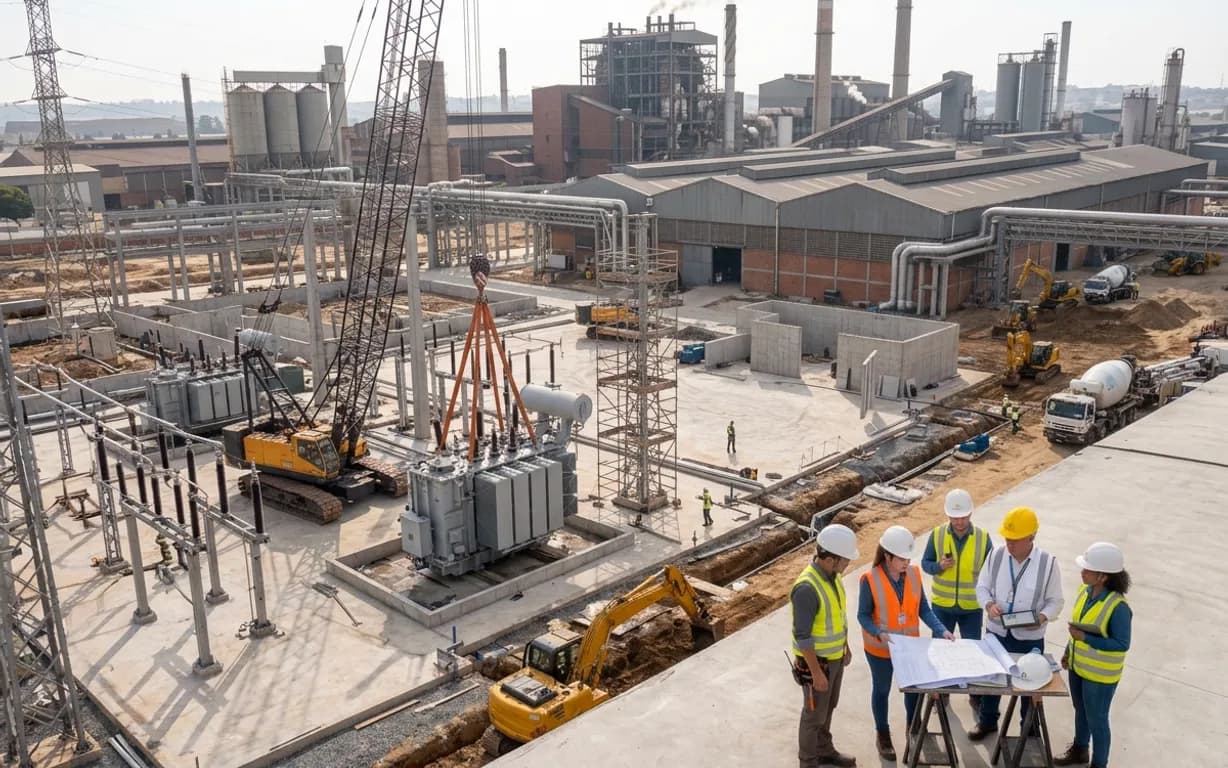 Equipe de engenharia analisando o projeto diante de uma subestação em montagem
