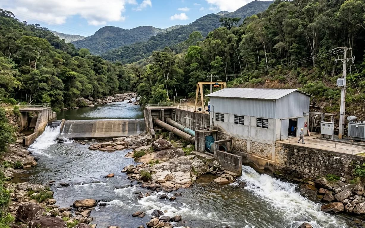 Pequena central hidrelétrica às margens de um rio, cercada por mata