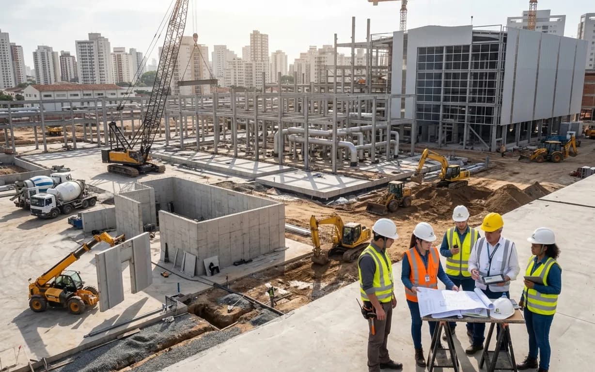 Equipe técnica revisando o projeto em um canteiro industrial