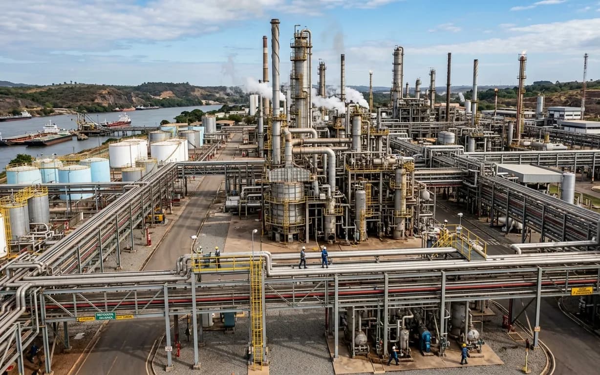 Complexo industrial com torres, tanques e tubovias