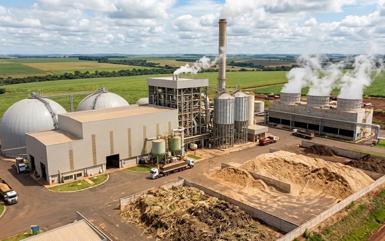 Usina de biomassa com pátio de cavaco e silos em área rural