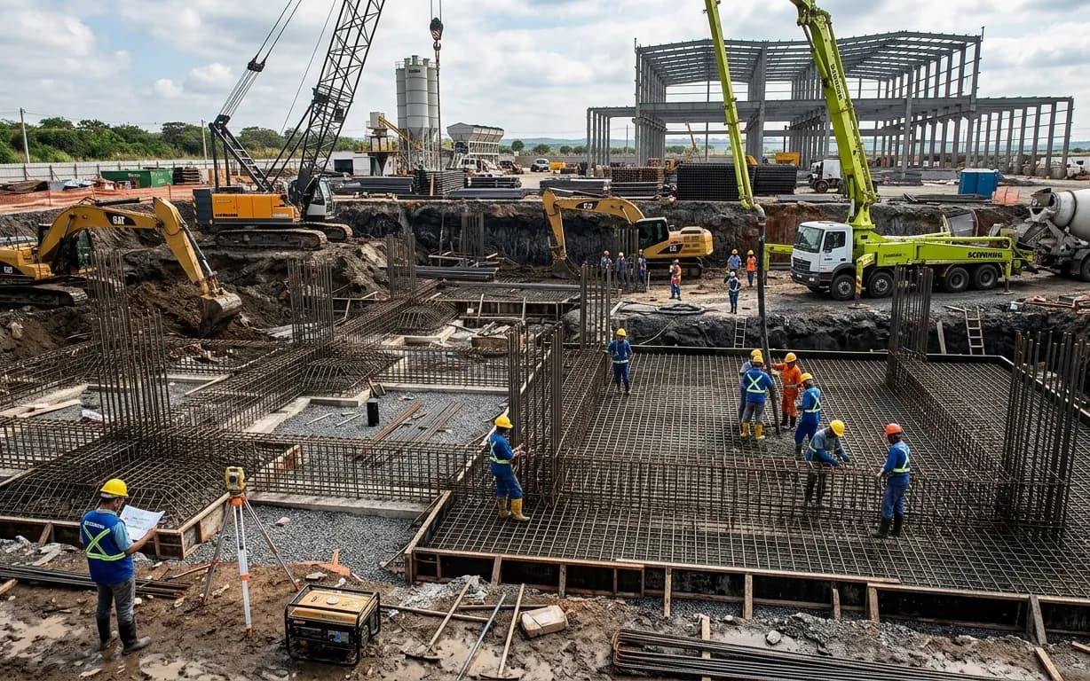 Armaduras de fundação em canteiro de obra industrial com guindastes