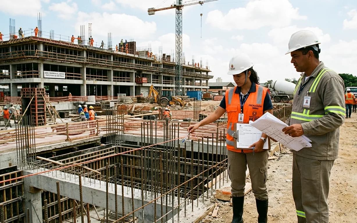 Fiscalização de obras Engenheiros fiscalizando uma estrutura de concreto em execução