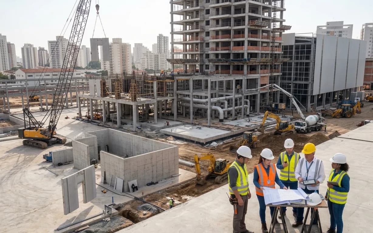 Equipe de gerenciamento reunida em canteiro de obra urbana