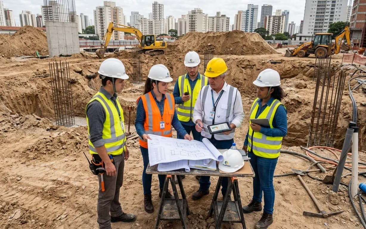 Engenheiros consultando o projeto em uma área de terraplenagem