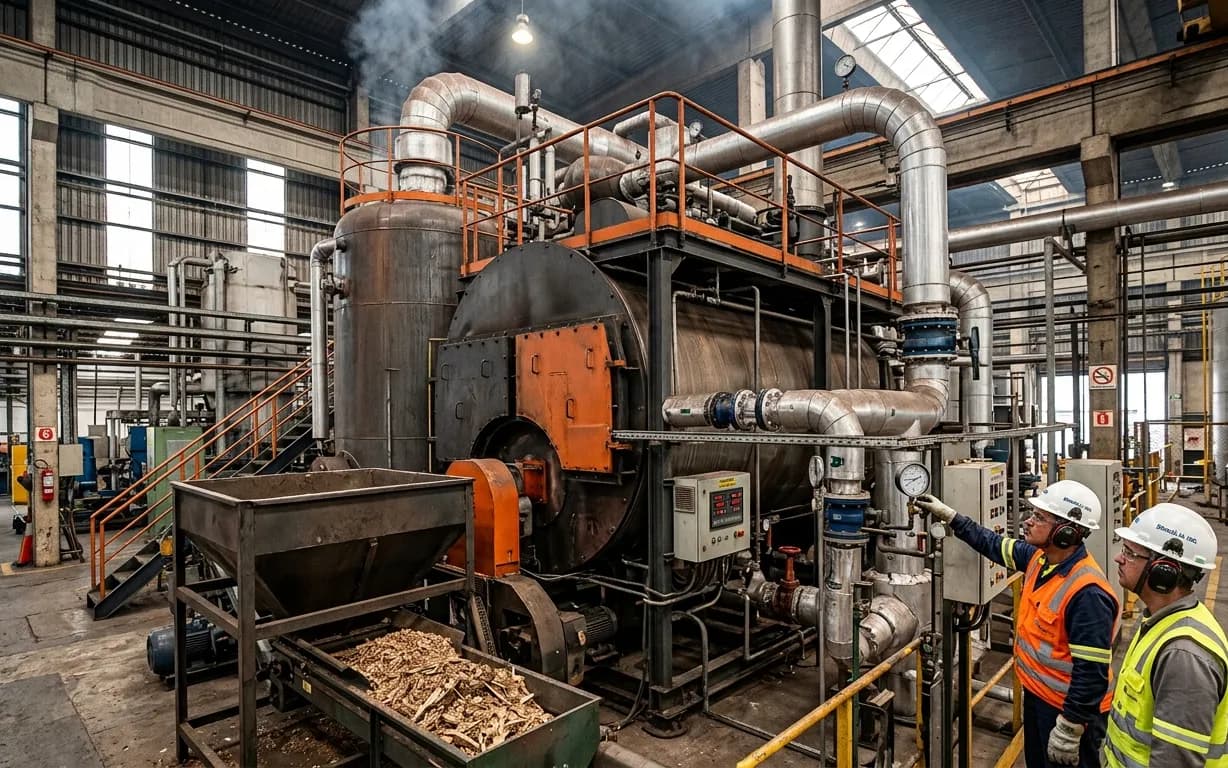 Técnicos acompanhando a operação de uma caldeira industrial a biomassa