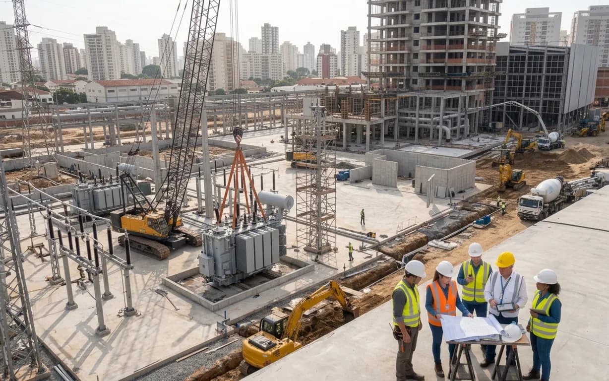 Montagem de subestação Construção de subestação com equipe de engenharia em primeiro plano