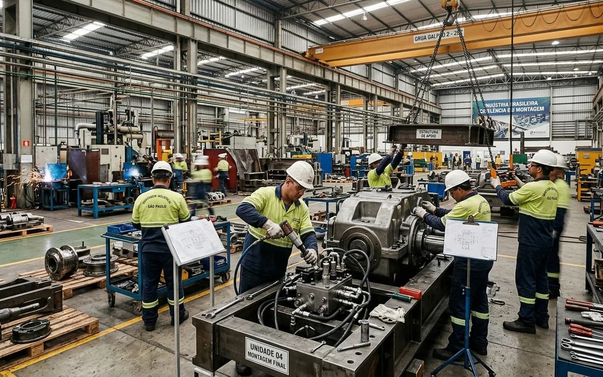 Montadores trabalhando em equipamentos em uma oficina industrial