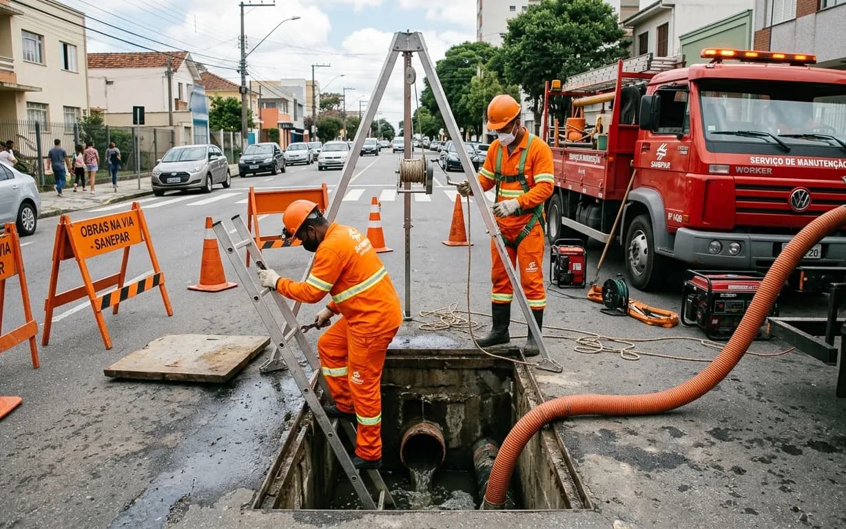 Obras de saneamento Equipe de saneamento trabalhando em uma rede subterrânea na rua