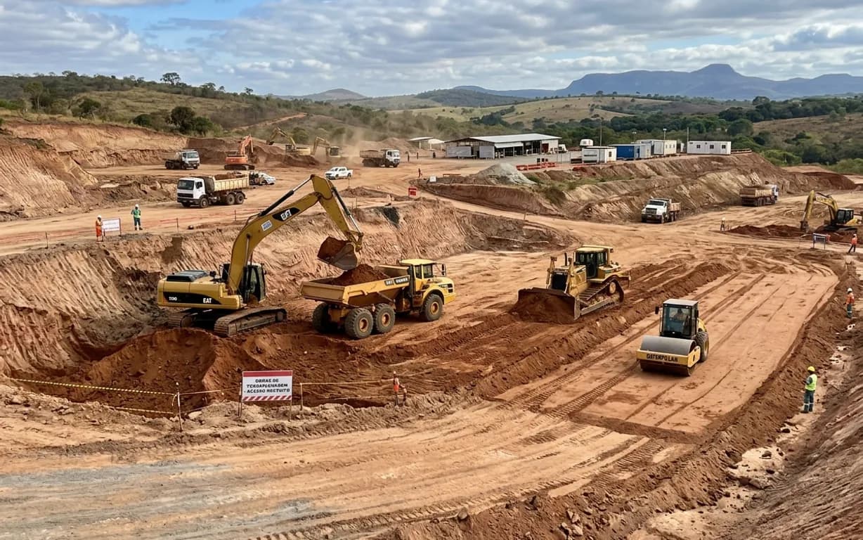 Escavadeiras e caminhões em obra de terraplenagem