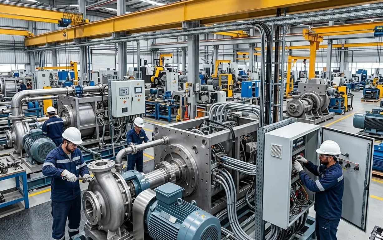 Montagem eletromecânica de bombas e painéis elétricos em galpão industrial