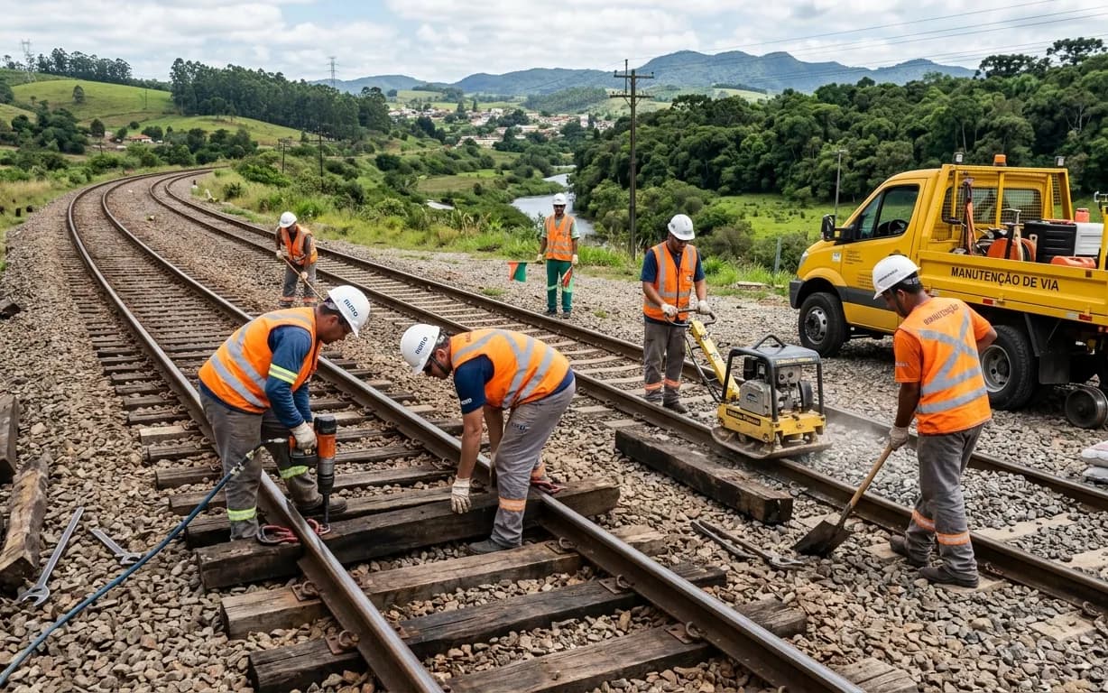 Equipe trabalhando na manutenção de uma via férrea