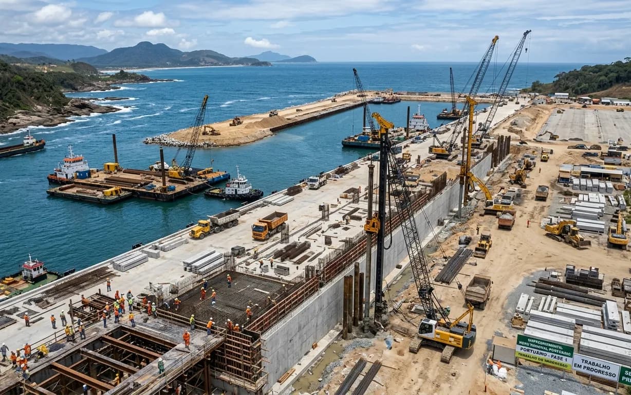 Obra portuária com guindastes e cais em construção