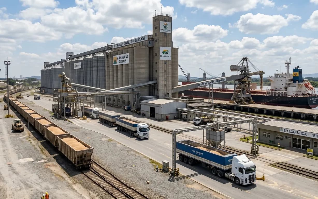 Terminal ferroviário de grãos com vagões, caminhões e armazém