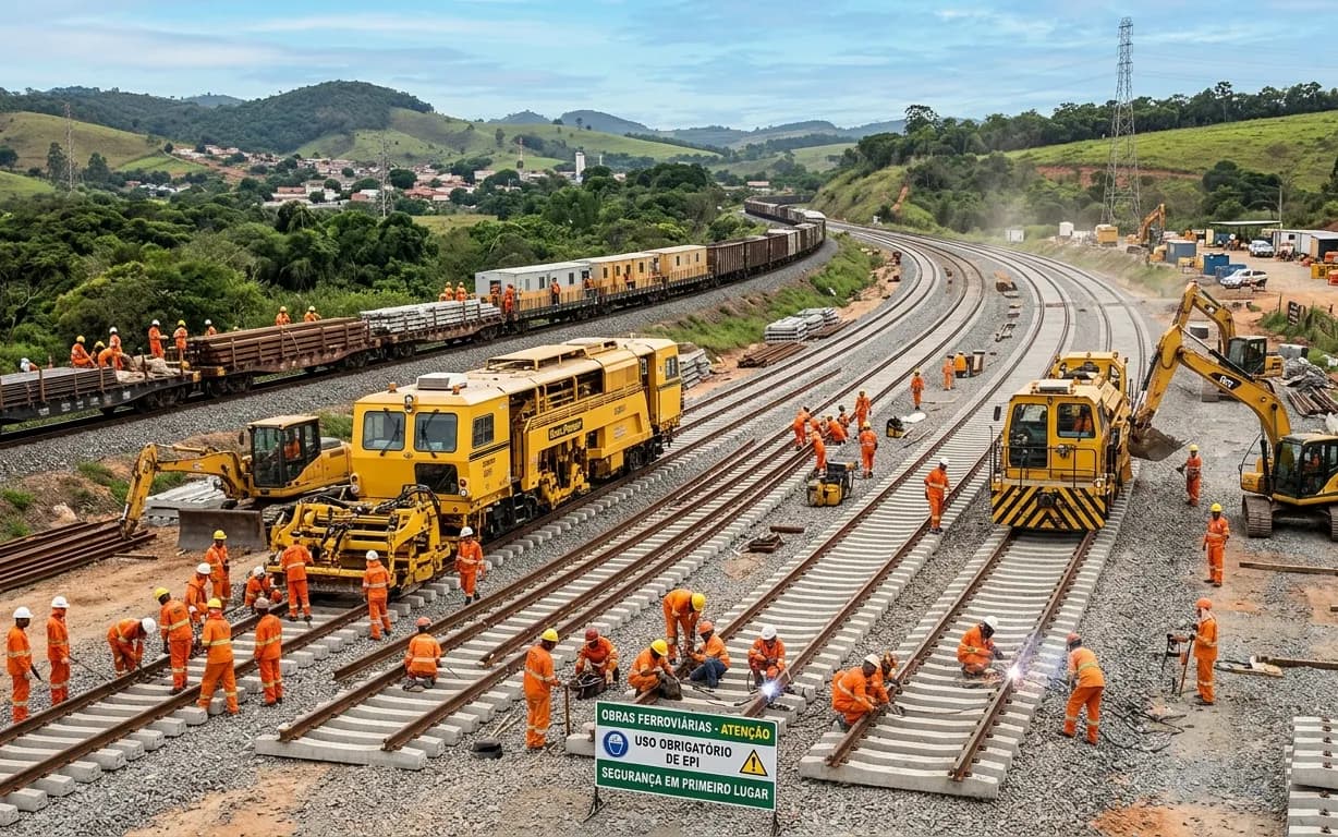Ramal ferroviário Construção de ferrovia com máquinas e equipe assentando trilhos