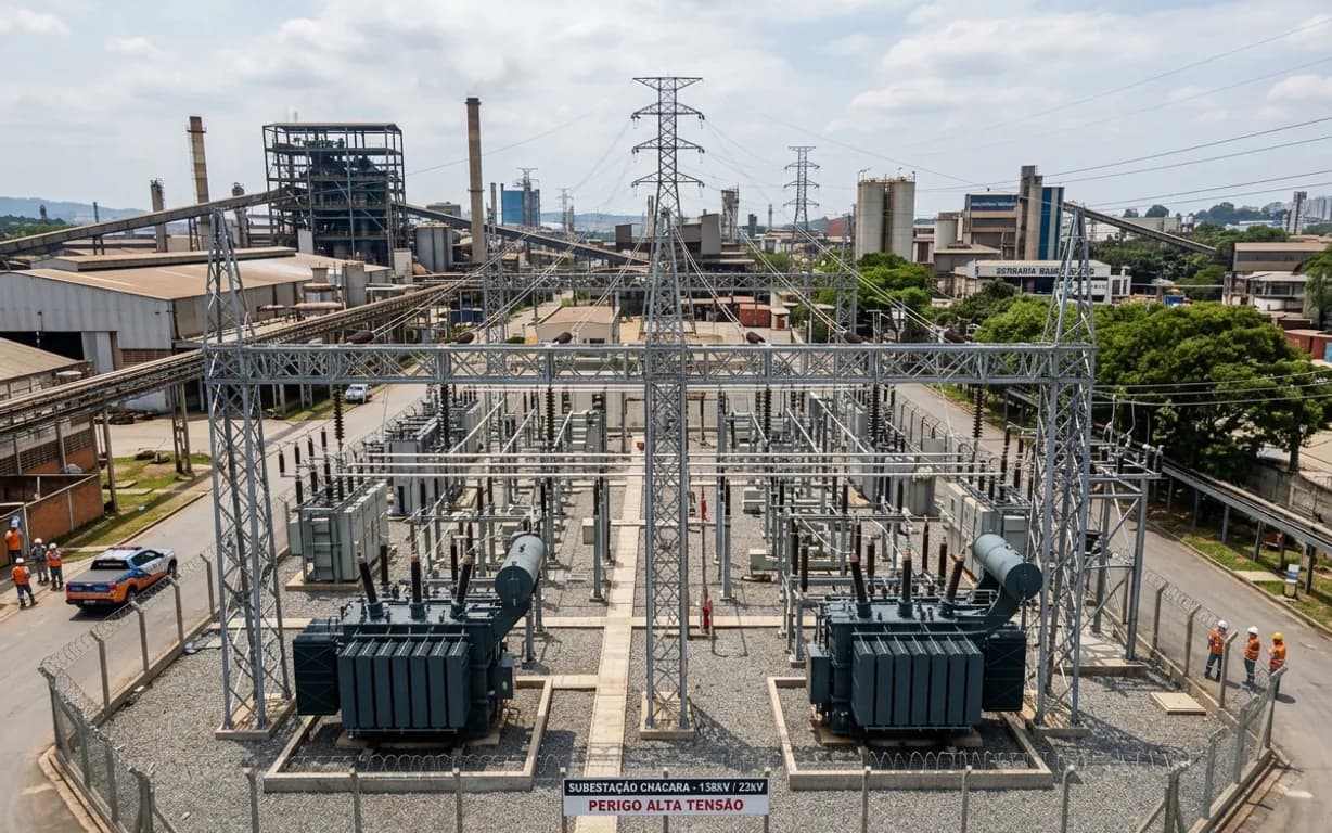 Subestação de alta tensão com transformadores e torres de transmissão