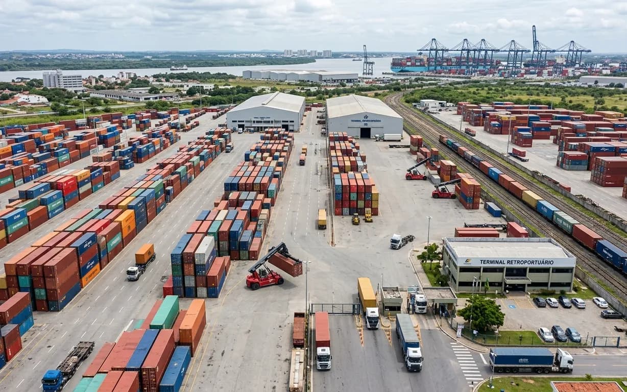 Terminal retroportuário com pátio de contêineres e acesso ferroviário