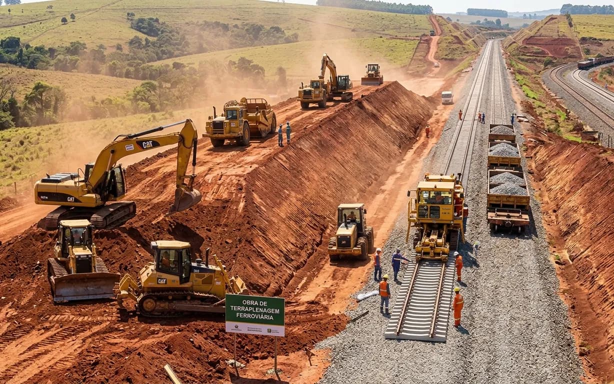Máquinas de terraplenagem abrindo o leito de uma ferrovia