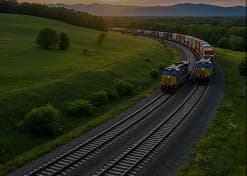 Trens de carga percorrendo ferrovia em meio ao campo
