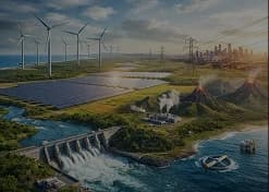 Parque de geração com turbinas eólicas, painéis solares e usina hidrelétrica