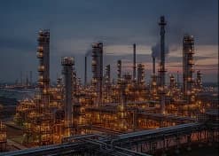 Refinaria petroquímica iluminada ao entardecer